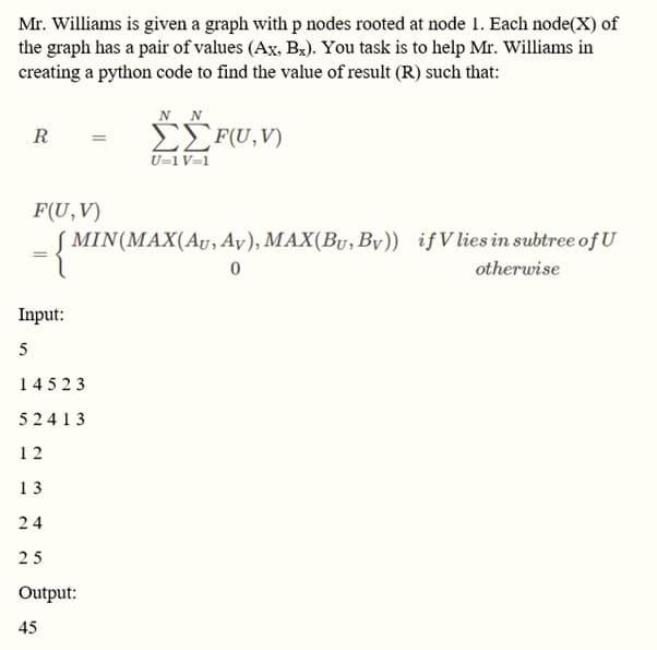 Mr. Williams is given a graph with p nodes rooted at node 1. Each node(X) of
the graph has a pair of values (Ax, Bx). You task is to help Mr. Williams in
creating a python code to find the value of result (R) such that:
N N
EEF(U, V)
U=1 V=1
R
F(U,V)
( MIN(MAX(AU, Ay), MAX(Bu, By)) ifVlies in subtree of U
otherwise
Input:
5
14523
52413
12
13
24
25
Output:
45
