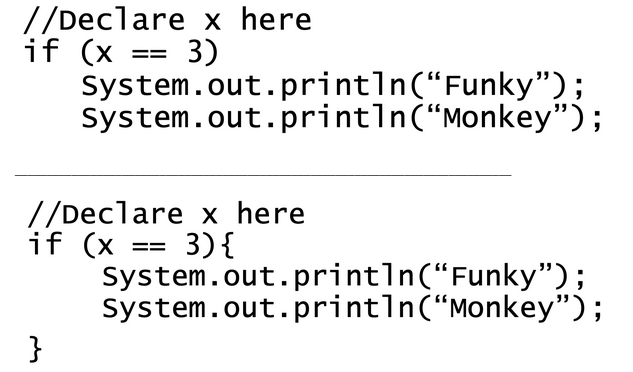 //Declare x here
if (x == 3)
System.out.println(“Funky");
System.out.println(Monkey");
//Declare x here
if (x
3){
System.out.println(“Funky");
System.out.println(“Monkey");
}
