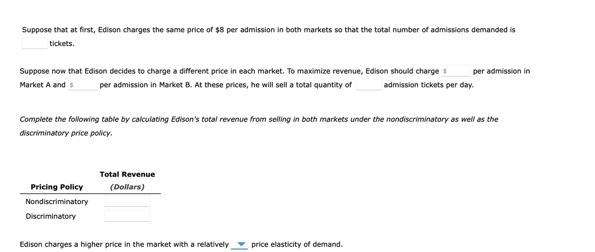 Suppose that at first, Edison charges the same price of $8 per admission in both markets so that the total number of admissions demanded is
tickets.
Suppose now that Edison decides to charge a different price in each market. To maximize revenue, Edison should charge $
per admission in
Market A and $
per admission in Market B. At these prices, he will sell a total quantity of
admission tickets per day.
Complete the following table by calculating Edison's total revenue from selling in both markets under the nondiscriminatory as well as the
discriminatory price policy.
Total Revenue
Pricing Policy
(Dollars)
Nondiscriminatory
Discriminatory
Edison charges a higher price in the market with a relatively
price elasticity of demand.
