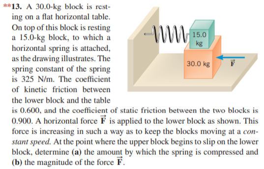 **13. A 30.0-kg block is rest-
ing on a flat horizontal table.
On top of this block is resting
a 15.0-kg block, to which a
horizontal spring is attached,
as the drawing illustrates. The
spring constant of the spring
is 325 N/m. The coefficient
15.0
kg
30.0 kg
of kinetic friction between
the lower block and the table
is 0.600, and the coefficient of static friction between the two blocks is
0.900. A horizontal force F is applied to the lower block as shown. This
force is increasing in such a way as to keep the blocks moving at a con-
stant speed. At the point where the upper block begins to slip on the lower
block, determine (a) the amount by which the spring is compressed and
(b) the magnitude of the force F.
