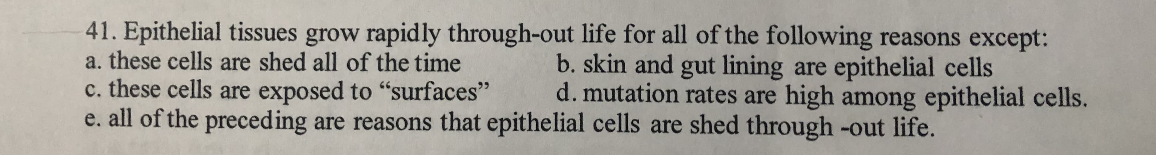 41. Epithelial tissues grow rapidly through-out life for all of the following reasons except:
a. these cells are shed all of the time
c. these cells are exposed to "surfaces"
e. all of the preceding are reasons that epithelial cells are shed through -out life.
b. skin and gut lining are epithelial cells
d. mutation rates are high among epithelial cells.
