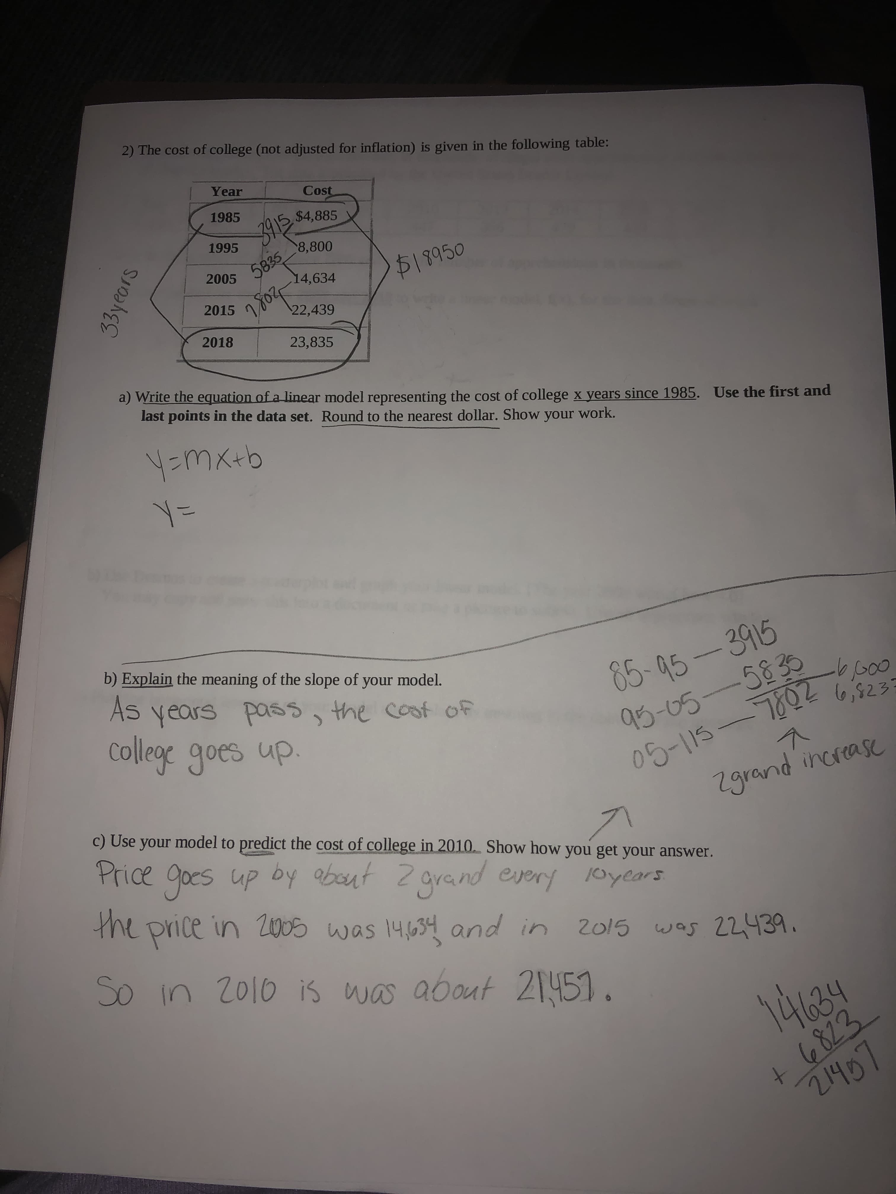 33years
Zgrand increase
2) The cost of college (not adjusted for inflation) is given in the following table:
Year
Cost
1985
$4,885
1995
8,800
5835
14,634
$18950
2005
2015
22,439
2018
23,835
a) Write the equation of a linear model representing the cost of college x years since 1985. Use the first and
last points in the data set. Round to the nearest dollar. Show your work.
85-95-3915
95-05-5835
b) Explain the meaning of the slope of your model.
As
years pass, the cost of
c) Use your model to predict the cost of college in 2010. Show how you get your answer.
Price goes up by about 2 grand eyery 1oyears
the price in 2005 was 14,634 and in
2015
2015
was 22,439.
15 som S! g102 ul OS
14634
