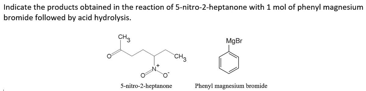 Indicate the products obtained in the reaction of 5-nitro-2-heptanone with 1 mol of phenyl magnesium
bromide followed by acid hydrolysis.
CH3
MgBr
CH3
5-nitro-2-heptanone
Phenyl magnesium bromide
