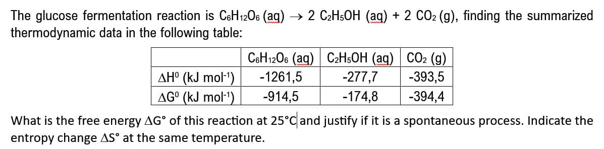 The glucose fermentation reaction is C6H12O6 (aq) → 2 C₂H5OH (aq) + 2 CO₂ (g), finding the summarized
thermodynamic data in the following table:
AHO (kJ mol-¹)
AGO (kJ mol-¹)
C6H12O6 (aq) C₂H5OH (aq)
-1261,5
-914,5
-277,7
-174,8
CO2 (g)
-393,5
-394,4
What is the free energy AG of this reaction at 25°C and justify if it is a spontaneous process. Indicate the
entropy change AS at the same temperature.