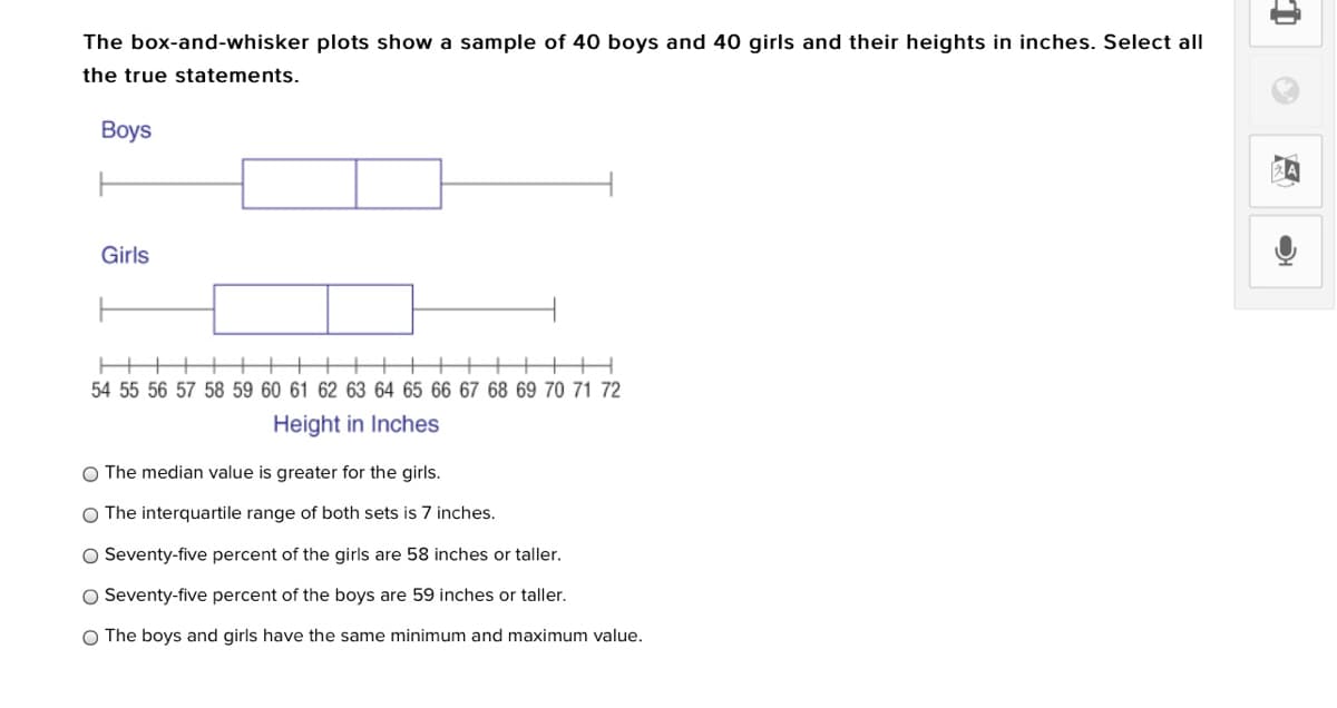 The box-and-whisker plots show a sample of 40 boys and 40 girls and their heights in inches. Select all
the true statements.
Вoys
Girls
54 55 56 57 58 59 60 61 62 63 64 65 66 67 68 69 70 71 72
Height in Inches
O The median value is greater for the girls.
O The interquartile range of both sets is 7 inches.
O Seventy-five percent of the girls are 58 inches or taller.
O Seventy-five percent of the boys are 59 inches or taller.
O The boys and girls have the same minimum and maximum value.
