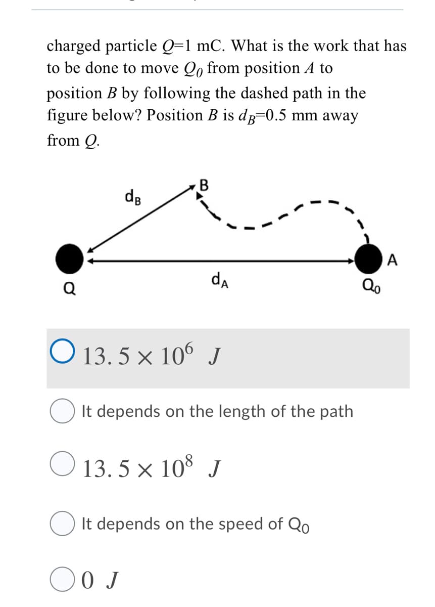 charged particle Q=1 mC. What is the work that has
to be done to move Qo from position A to
position B by following the dashed path in the
figure below? Position B is dg=0.5 mm away
from Q.
В
dg
А
da
O 13. 5 × 106 J
It depends on the length of the path
O 13. 5 x 108 J
It depends on the speed of Qo
O J
