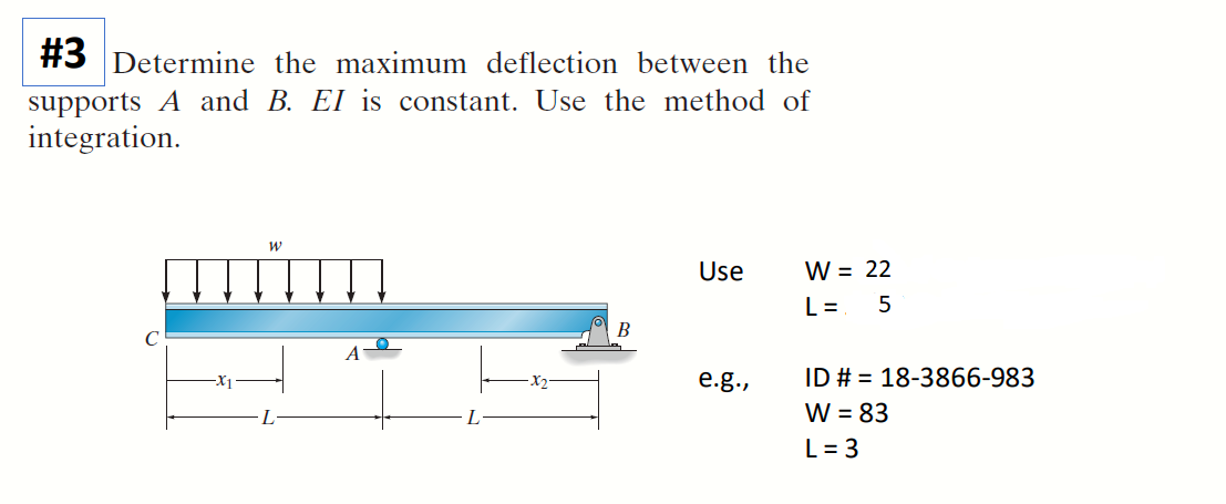 #3 Determine the maximum deflection between the
supports A and B. EI is constant. Use the method of
integration.
-X₁
W
Use
e.g.,
W = 22
L= 5
ID # = 18-3866-983
W = 83
L = 3