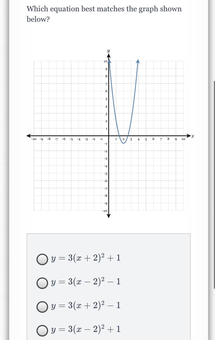 Which equation best matches the graph shown
below?
10
4
-1
-10
-8
ー7
-6
-5
-4
-3
-2
-1
1
2
3
4
5
6
7
8
9
10
-1
-2
-3
-4
-5
-6
ー7
-8
-9
-10
Oy = 3(x + 2)² +1
Oy = 3(x – 2)² – 1
Oy = 3(x + 2)² – 1
Oy = 3(x – 2)² + 1
-
