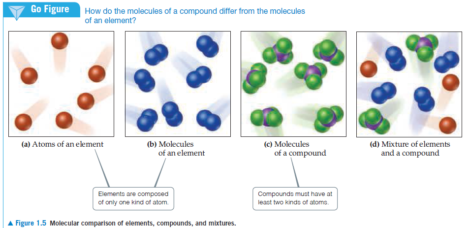 Go Figure
How do the molecules of a compound differ from the molecules
of an element?
(a) Atoms of an element
(b) Molecules
of an element
(c) Molecules
(d) Mixture of elements
and a compound
of a compound
Elements are composed
of only one kind of atom.
Compounds must have at
least two kinds of atoms.
Figure 1.5 Molecular comparison of elements, compounds, and mixtures.
