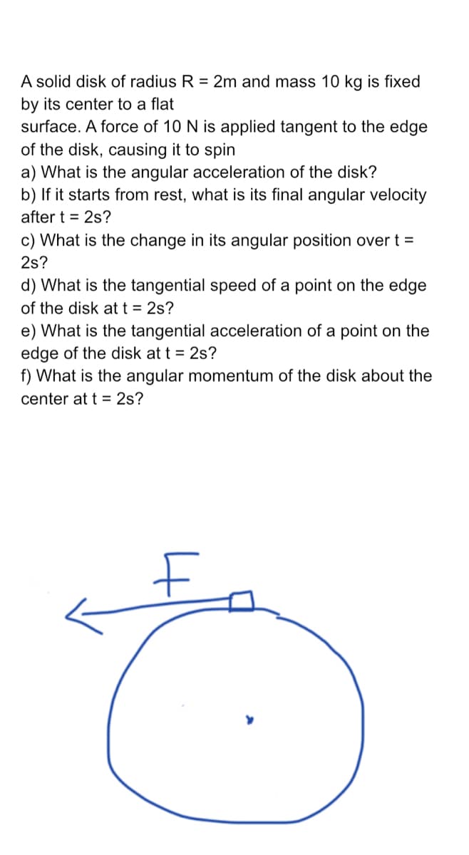 A solid disk of radius R = 2m and mass 10 kg is fixed
by its center to a flat
surface. A force of 10 N is applied tangent to the edge
of the disk, causing it to spin
a) What is the angular acceleration of the disk?
b) If it starts from rest, what is its final angular velocity
after t = 2s?
c) What is the change in its angular position over t =
2s?
d) What is the tangential speed of a point on the edge
of the disk att = 2s?
e) What is the tangential acceleration of a point on the
edge of the disk at t = 2s?
f) What is the angular momentum of the disk about the
center at t = 2s?
4
