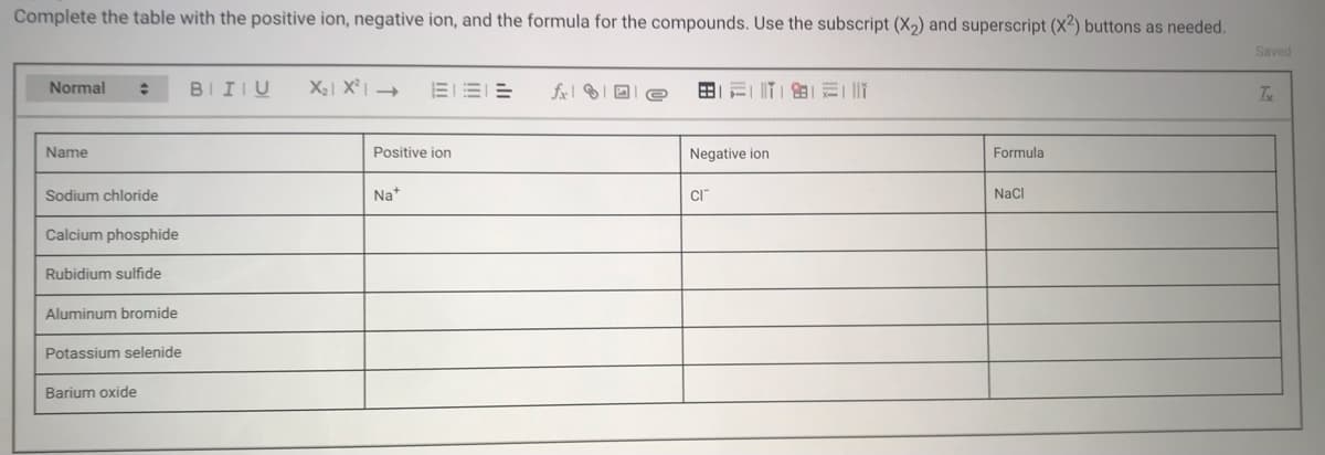 Complete the table with the positive ion, negative ion, and the formula for the compounds. Use the subscript (X,) and superscript (X2) buttons as needed.
Saved
Normal
BIIIU
X2 XI →
三TI图||l
Tx
Name
Positive ion
Negative ion
Formula
Sodium chloride
Na+
CI
NaCl
Calcium phosphide
Rubidium sulfide
Aluminum bromide
Potassium selenide
Barium oxide

