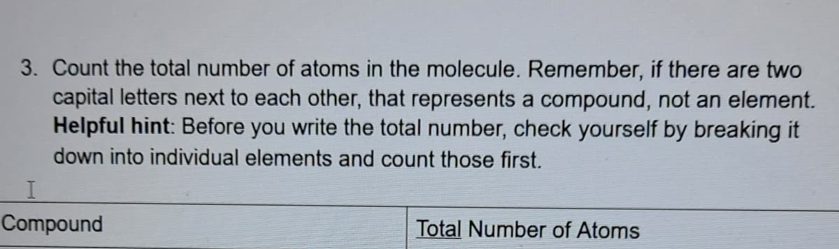 3. Count the total number of atoms in the molecule. Remember, if there are two
capital letters next to each other, that represents a compound, not an element.
Helpful hint: Before you write the total number, check yourself by breaking it
down into individual elements and count those first.
I.
Compound
Total Number of Atoms
