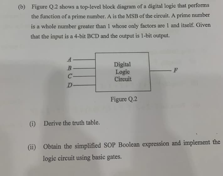 (b) Figure Q.2 shows a top-level block diagram of a digital logic that performs
the function of a prime number. A is the MSB of the circuit. A prime number
is a whole number greater than 1 whose only factors are 1 and itself. Given
that the input is a 4-bit BCD and the output is 1-bit output.
A-
B-
C-
D-
(i) Derive the truth table.
Digital
Logic
Circuit
Figure Q.2
F
(ii) Obtain the simplified SOP Boolean expression and implement the
logic circuit using basic gates.