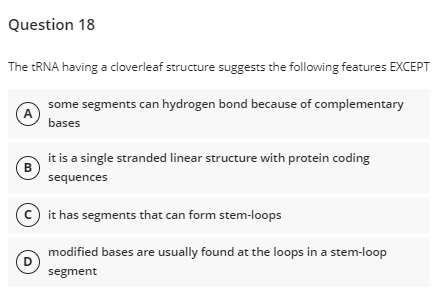 Question 18
The tRNA having a cloverleaf structure suggests the following features EXCEPT
some segments can hydrogen bond because of complementary
A
bases
it is a single stranded linear structure with protein coding
B
sequences
© it has segments that can form stem-loops
modified bases are usually found at the loops in a stem-loop
D
segment
