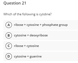 Question 21
Which of the following is cytidine?
A ribose + cytosine + phosphate group
B cytosine + deoxyribose
c ribose + cytosine
D cytosine + guanine
