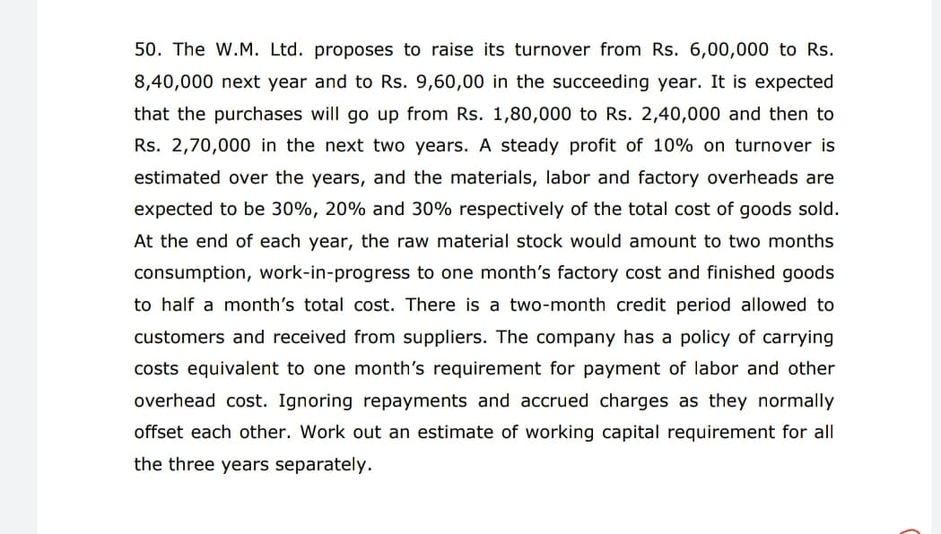 50. The W.M. Ltd. proposes to raise its turnover from Rs. 6,00,000 to Rs.
8,40,000 next year and to Rs. 9,60,00 in the succeeding year. It is expected
that the purchases will go up from Rs. 1,80,000 to Rs. 2,40,000 and then to
Rs. 2,70,000 in the next two years. A steady profit of 10% on turnover is
estimated over the years, and the materials, labor and factory overheads are
expected to be 30%, 20% and 30% respectively of the total cost of goods sold.
At the end of each year, the raw material stock would amount to two months
consumption, work-in-progress to one month's factory cost and finished goods
to half a month's total cost. There is a two-month credit period allowed to
customers and received from suppliers. The company has a policy of carrying
costs equivalent to one month's requirement for payment of labor and other
overhead cost. Ignoring repayments and accrued charges as they normally
offset each other. Work out an estimate of working capital requirement for all
the three years separately.
