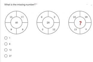 What is the missing number?"
17
28
40
13
O 12
O 27
