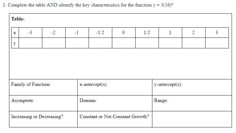 1. Complete the table AND identify the key characteristics for the function y = 3(16)*
Table:
-3
-2
-1
-1/2
1/2
1
2
3
y
Family of Function:
x-intercept(s):
y-intercept(s):
| Asymptote:
Domain:
Range:
Increasing or Decreasing?
Constant or Not Constant Growth?
