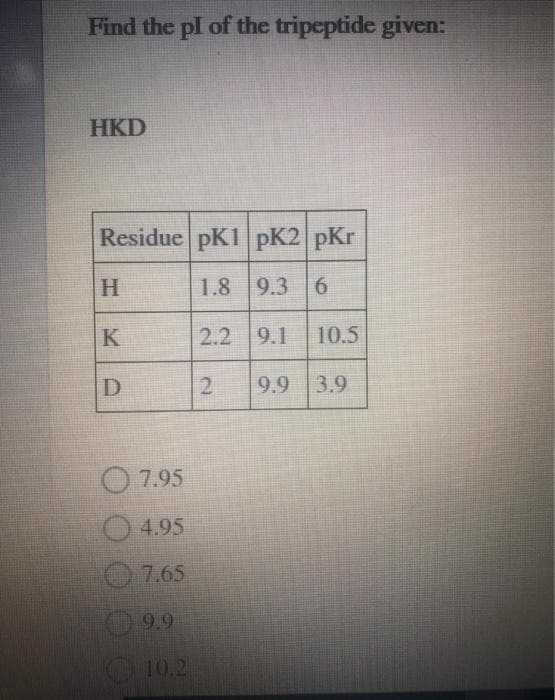 Find the pl of the tripeptide given:
HKD
Residue pK1 pk2 pkr
1.8 9.3 6
H
K
D
7.95
4.95
7.65
9.9
10.2
2.2 9.1 10.5
2 9.9 3.9