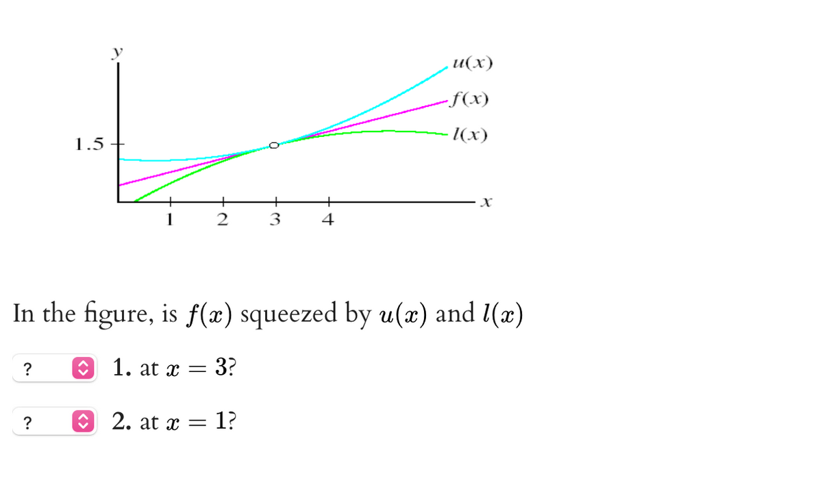 и(х)
-f(x)
l(x)
1.5
+
+
X
2
3
4
In the figure, is f(x) squeezed by u(x) and l(x)
?
1. at x
3?
?
2. at x = 1?
