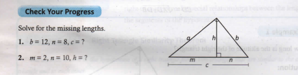 Check Your Progress
Solve for the missing lengths.
h
1. b= 12, n= 8, c = ?
2. m= 2, n= 10, h = ?
m
