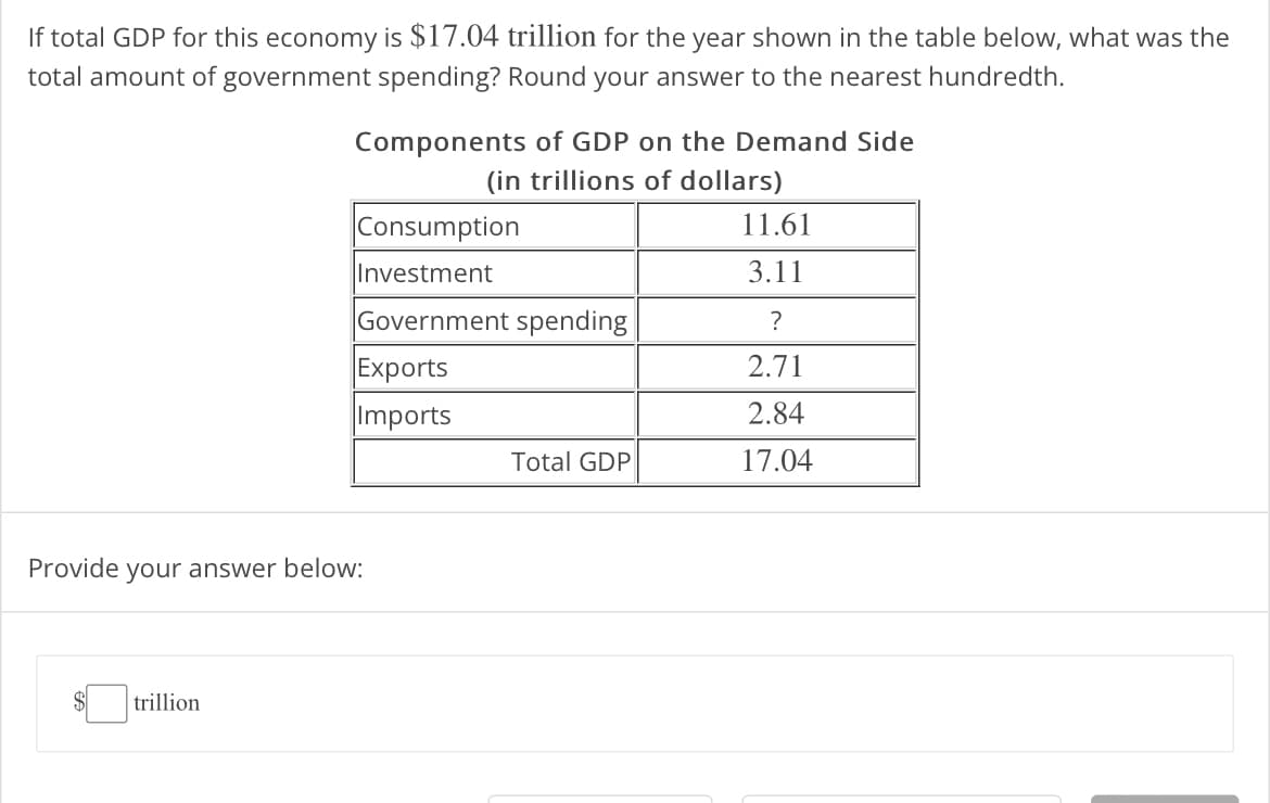If total GDP for this economy is $17.04 trillion for the year shown in the table below, what was the
total amount of government spending? Round your answer to the nearest hundredth.
Components of GDP on the Demand Side
(in trillions of dollars)
trillion
Consumption
Investment
Government spending
Exports
Imports
Provide your answer below:
Total GDP
11.61
3.11
?
2.71
2.84
17.04