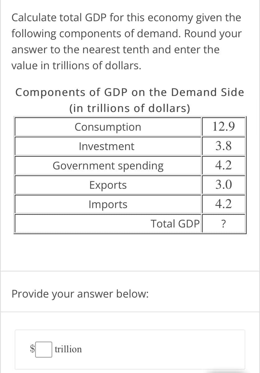 Calculate total GDP for this economy given the
following components of demand. Round your
answer to the nearest tenth and enter the
value in trillions of dollars.
Components of GDP on the Demand Side
(in trillions of dollars)
Consumption
Investment
Government spending
Exports
Imports
Provide your answer below:
trillion
Total GDP
12.9
3.8
4.2
3.0
4.2
?