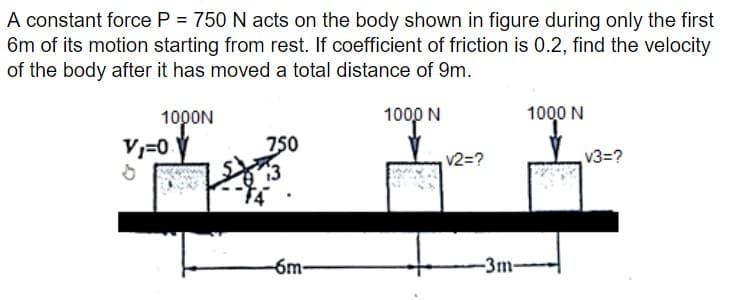 A constant force P = 750 N acts on the body shown in figure during only the first
6m of its motion starting from rest. If coefficient of friction is 0.2, find the velocity
of the body after it has moved a total distance of 9m.
1000N
1000 N
1000 N
V,=0
750
v2=?
V3=?
-6m-
-3m
