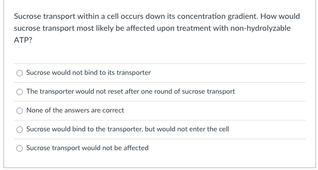 Sucrose transport within a cell occurs down its concentration gradient. How would
sucrose transport most likely be affected upon treatment with non-hydrolyzable
АТР?
Sucrose would not bind to its transporter
The transporter would not reset after one round of sucrose transport
None of the answers are correct
Sucrose would bind to the transporter, but would not enter the cell
Sucrose transport would not be affected
