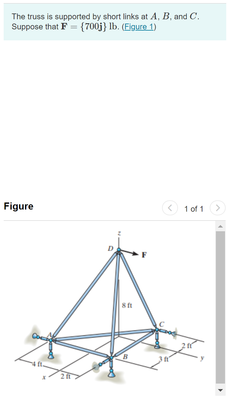 The truss is supported by short links at A, B, and C.
Suppose that F =
{700j} lb. (Figure 1)
Figure
1 of 1
<>
-F
8 ft
B
3 ft´
4 ft.
2 ft
