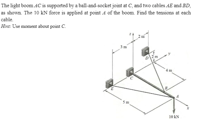 The light boom AC is supported by a ball-and-socket joint at C, and two cables AE and BD,
as shown. The 10 kN force is applied at point A of the boom. Find the tensions at each
cable.
Hint: Use moment about point C.
2 m
3 m
D\2 m
4 m
5 m
10 kN
en
