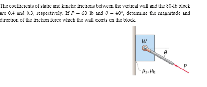 The coefficients of static and kinetic frictions between the vertical wall and the 80-1b block
are 0.4 and 0.3, respectively. If P = 60 lb and 0 = 40°, determine the magnitude and
direction of the friction force which the wall exerts on the block.
W
Hsi Hk
