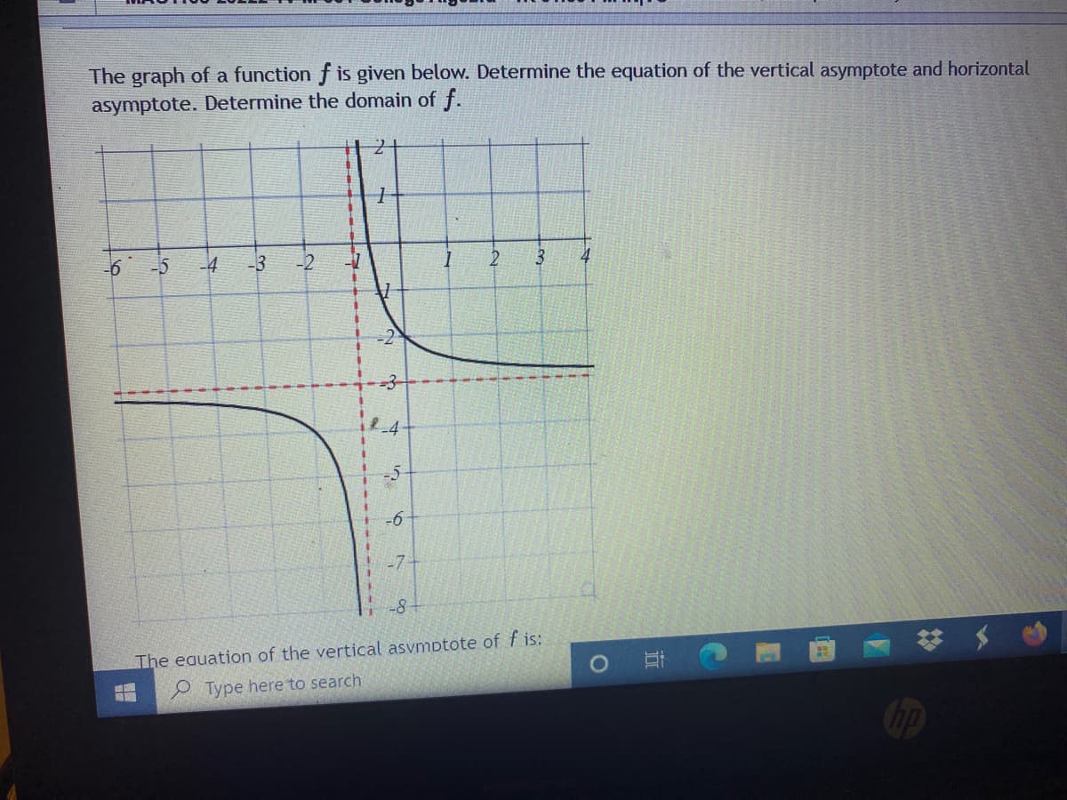 The graph of a function f is given below. Determine the equation of the vertical asymptote and horizontal
asymptote. Determine the domain of f.
-5
-4
-3
-2
-6
-7
-8
The eauation of the vertical asvmptote of f is:
e Type here to search
Cop
