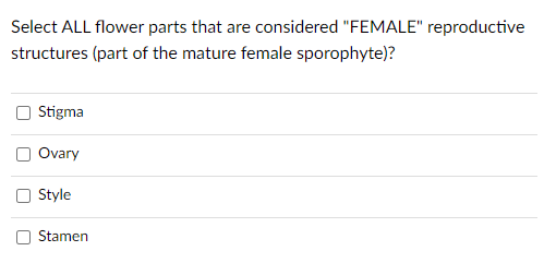 Select ALL flower parts that are considered "FEMALE" reproductive
structures (part of the mature female sporophyte)?
Stigma
Ovary
O Style
Stamen
