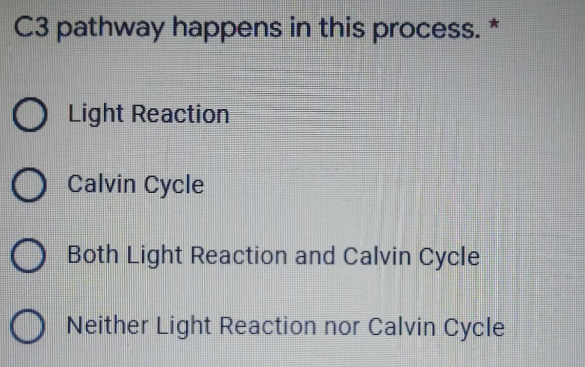 C3 pathway happens in this process.
O Light Reaction
O Calvin Cycle
O Both Light Reaction and Calvin Cycle
Neither Light Reaction nor Calvin Cycle

