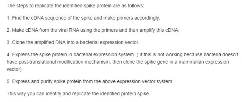 The steps to replicate the identified spike protein are as follows:
1. Find the CDNA sequence of the spike and make primers accordingly.
2. Make CDNA from the viral RNA using the primers and then amplify this CDNA.
3. Clone the amplified DNA into a bacterial expression vector.
4. Express the spike protein in bacterial expression system. ( If this is not working because bacteria doesn't
have post-translational modification mechanism, then clone the spike gene in a mammalian expression
vector)
5. Express and purify spike protein from the above expression vector system.
This way you can identify and replicate the identified protein spike.
