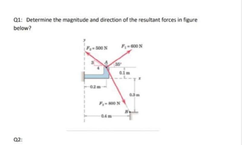 Q1: Determine the magnitude and direction of the resultant forces in figure
below?
F500 N
F-600 N
35
0.1m
0.2 m
0.3m
F,- 800 N
0.4 m
Q2:
