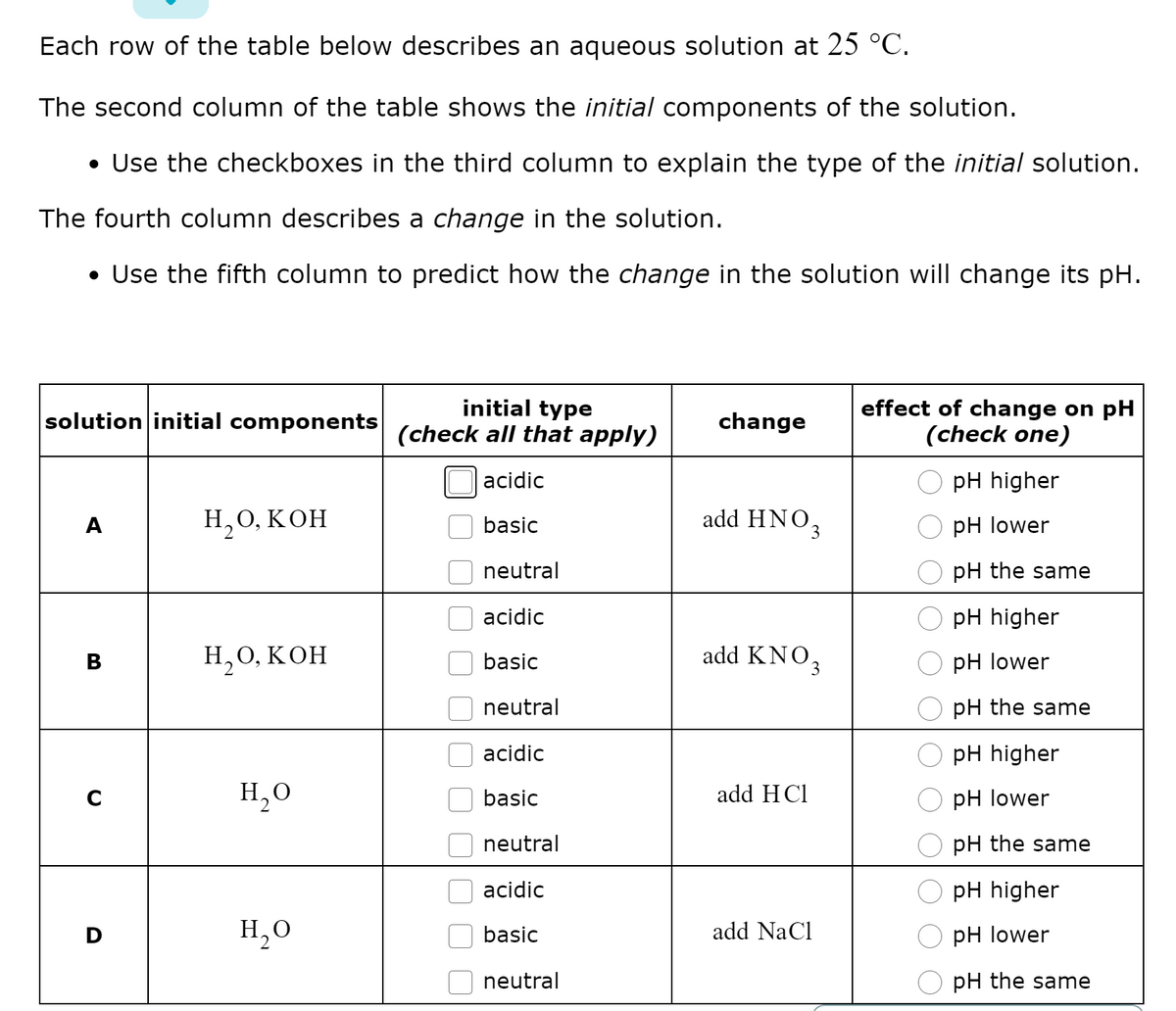 Each row of the table below describes an aqueous solution at 25 °C.
The second column of the table shows the initial components of the solution.
• Use the checkboxes in the third column to explain the type of the initial solution.
The fourth column describes a change in the solution.
• Use the fifth column to predict how the change in the solution will change its pH.
initial type
(check all that apply)
effect of change on pH
(check one)
solution initial components
change
acidic
pH higher
Н,О, КОН
add HNO3
рH lower
A
basic
neutral
pH the same
acidic
pH higher
Н, О, КОН
add KNO3
рH lower
В
basic
neutral
pH the same
acidic
pH higher
H,0
basic
add HCl
pH lower
neutral
pH the same
acidic
pH higher
D
H,O
basic
add NaCl
рH lower
neutral
pH the same
O OlO O
