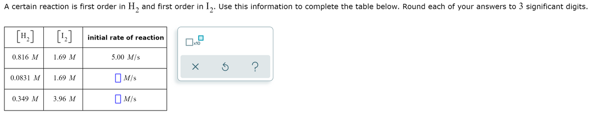 A certain reaction is first order in H,
and first order in I,. Use this information to complete the table below. Round each of your answers to 3 significant digits.
[H.]
[1:]
initial rate of reaction
x10
0.816 M
1.69 M
5.00 M/s
O M/s
0.0831 M
1.69 M
0.349 M
3.96 M
I M/s
