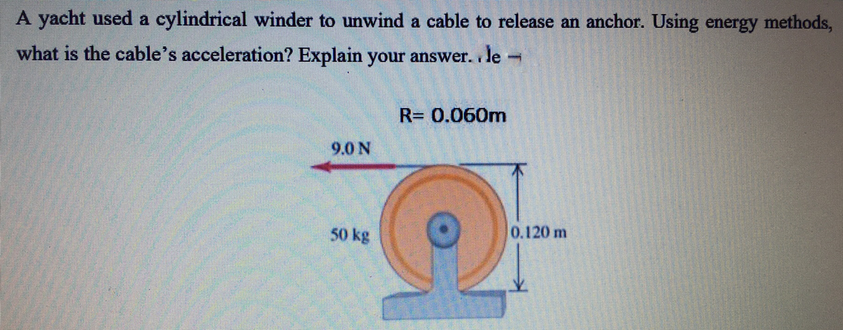 A yacht used a cylindrical winder to unwind a cable to release an anchor. Using energy methods,
what is the cable's acceleration? Explain your answer. le -
R= 0.060m
90N
50 kg
0.120m
