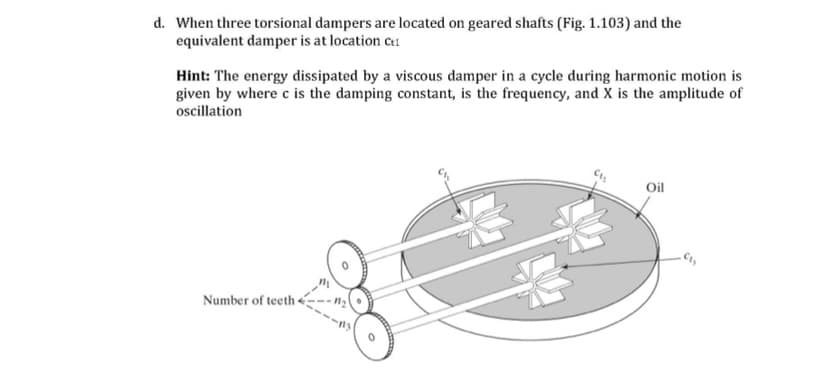 d. When three torsional dampers are located on geared shafts (Fig. 1.103) and the
equivalent damper is at location cu
Hint: The energy dissipated by a viscous damper in a cycle during harmonic motion is
given by where c is the damping constant, is the frequency, and X is the amplitude of
oscillation
Oil
Number of teeth-
