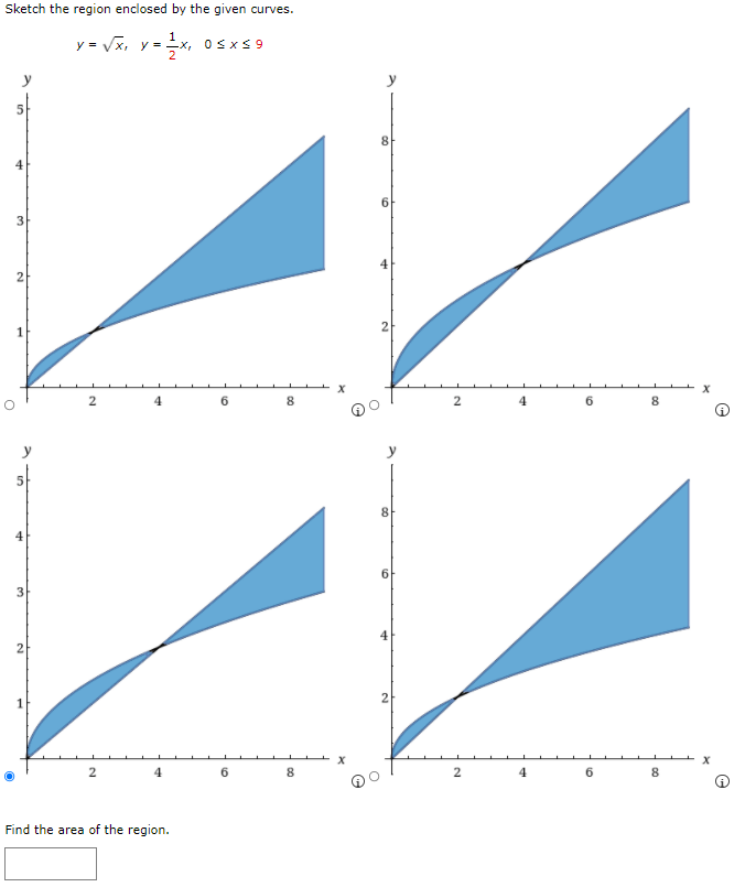 Sketch the region enclosed by the given curves.
y = Vx, y =x, Osxs 9
2
2
4
8.
6
8.
3
1
2
4
6
8.
2
6.
8.
Find the area of the region.
co
2.
2.
