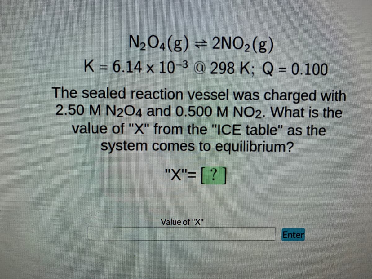 N₂O4 (g) ⇒ 2NO₂(g)
K = 6.14 x 10-3 @ 298 K; Q = 0.100
The sealed reaction vessel was charged with
2.50 M N2O4 and 0.500 M NO2. What is the
value of "X" from the "ICE table" as the
system comes to equilibrium?
"X"= [?]
Value of "X"
Enter