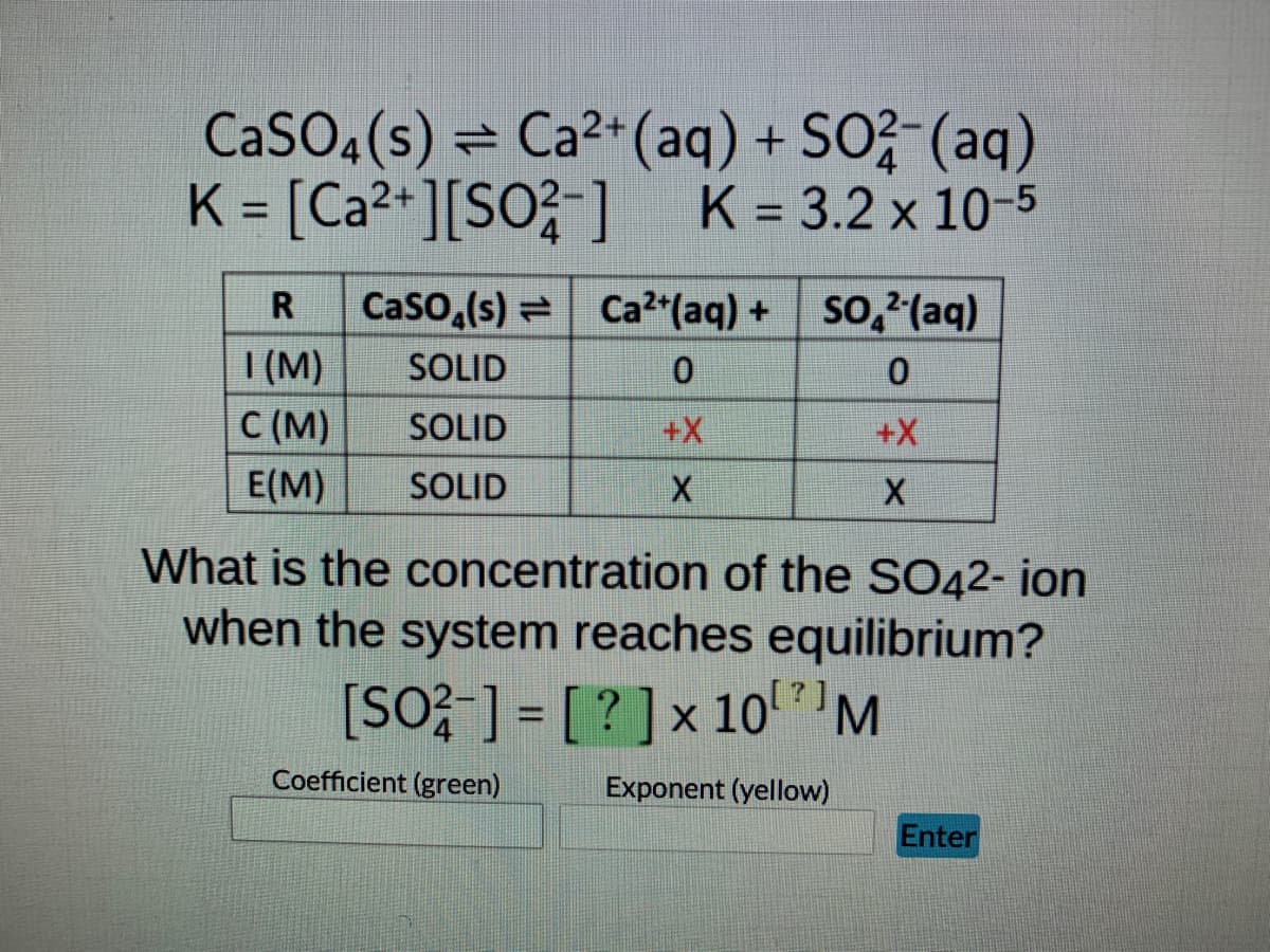 CaSO4(s) Ca²+ (aq) + SO3- (aq)
K = [Ca ²+ ][SO²-] K = 3.2 x 10-5
R
CaSO4(s)
Ca2+(aq) +
SO² (aq)
I (M)
SOLID
0
0
C (M)
SOLID
+X
E(M)
SOLID
X
X
What is the concentration of the SO42- ion
when the system reaches equilibrium?
[SO²-] = [? ] × 10¹¹ M
X
Coefficient (green)
Exponent (yellow)
Enter