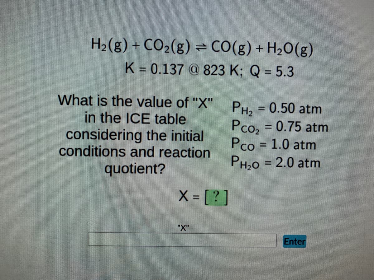 H₂(g) + CO₂(g) = CO(g) + H₂O(g)
K = 0.137 @ 823 K; Q = 5.3
What is the value of "X"
in the ICE table
considering the initial
conditions and reaction
quotient?
X = [?]
"X"
PH₂ = 0.50 atm
Pco₂ = 0.75 atm
Pco = 1.0 atm
PH₂O = 2.0 atm
Enter