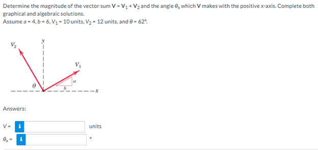 Determine the magnitude of the vector sum V-V₁ + V₂ and the angle 8x which V makes with the positive x-axis. Complete both
graphical and algebraic solutions.
Assume a = 4, b = 6, V₁-10 units, V₂-12 units, and 0 = 62°
Answers:
V= i
یا
units