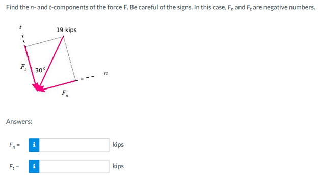 Find the n- and t-components of the force F. Be careful of the signs. In this case, F, and Fare negative numbers.
19 kips
V
F₁ 30°
n
Answers:
Fn=
Ft=
i
i
kips
kips
