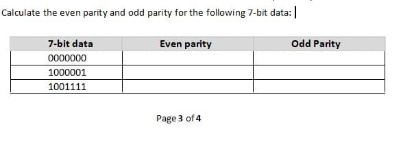 Calculate the even parity and odd parity for the following 7-bit data:|
7-bit data
Even parity
Odd Parity
0000000
1000001
1001111
Page 3 of 4
