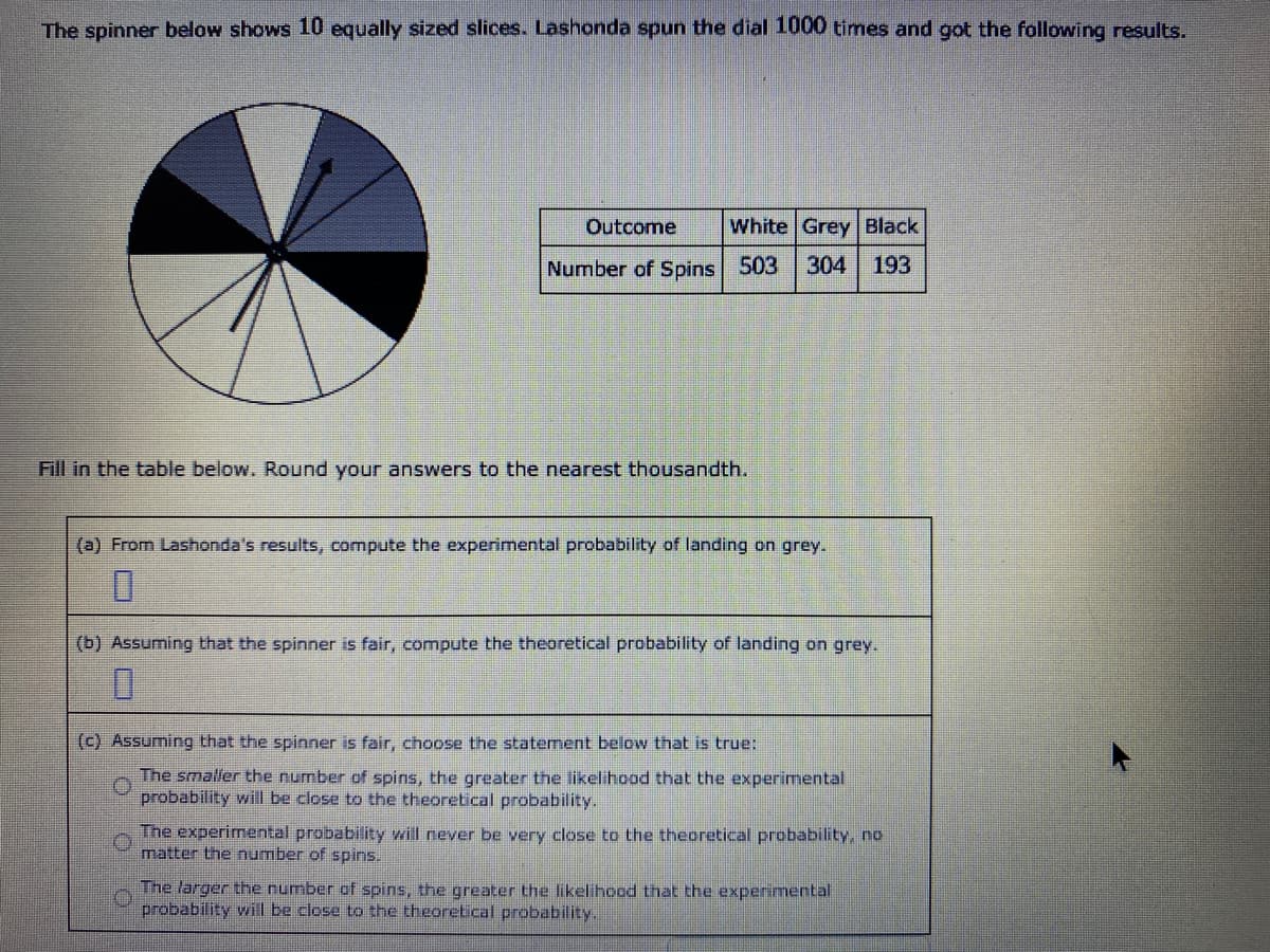 The spinner below shows 10 equally sized slices. Lashonda spun the dial 1000 times and got the following results.
Outcome
White Grey Black
Number of Spins 503
304
193
Fill in the table below. Round your answers to the nearest thousandth.
(a) From Lashonda's results, compute the experimental probability of landing on grey.
0.
(b) Assuming that the spinner is fair, compute the theoretical probability of landing on grey.
(c) Assuming that the spinner is fair, choose the statement below that is true:
The smaller the number of spins, the greater the likelihood that the experimental
probability will be close to the theoretical probability.
The experimental probability will never be very close to the theoretical probability, no
matter the number of spins.
The larger the number of spins, the greater the likelihood that the experimental
probability will be close to the theoretical probability.
