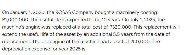 On January 1, 2020, the ROSAS Company bought a machinery costing
P1,000,000. The useful life is expected to be 10 years. On July 1, 2025, the
machine's engine was replaced at a total cost of P320,000. This replacement will
extend the useful life of the asset by an additional 5.5 years from the date of
replacement. The old engine of the machine had a cost of 250,000. The
depreciation expense for year 2025 is
